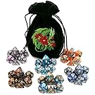 6 x 7 Full Polyhedral Dice Sets Two-Tone Swirl Color with Dragon Embroidered Dice Bag for Tabletop RPG DnD Dungeons and Dragons D&D Games