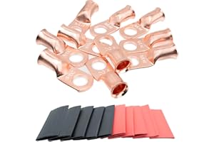 MEYOOZIISU 10PCS 2 AWG-3/8" Wire Lugs - 2 Gauge Battery Cable Lugs, Copper Terminal Connectors, Ring Terminals, Marine Grade - with 10pcs 3:1 Heat Shrink Tubing…