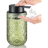 zuxzmj Green Glass Foaming Hand Soap Dispenser | with Matte Black Pump Thick Embossed Bottle Refillable for Bathroom and Kitchen Decor 13.5 oz
