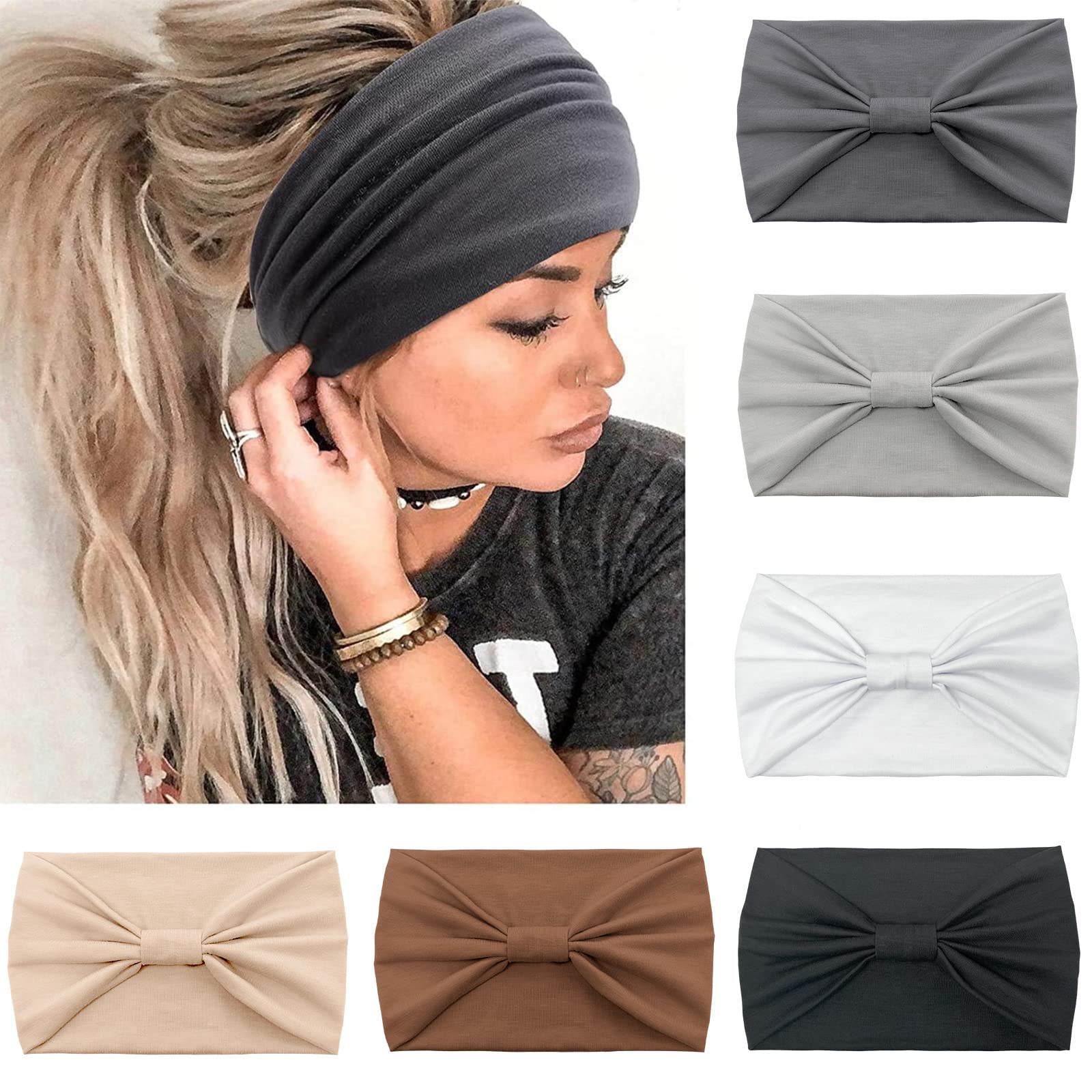 Kavya 6 Pcs Headbands for Women's Hair - Wide Soft Ladies Boho Fashion Bandanas Knot Adult Scarfs Elastic Fashion Yoga Hair Bands - Grey — image 1