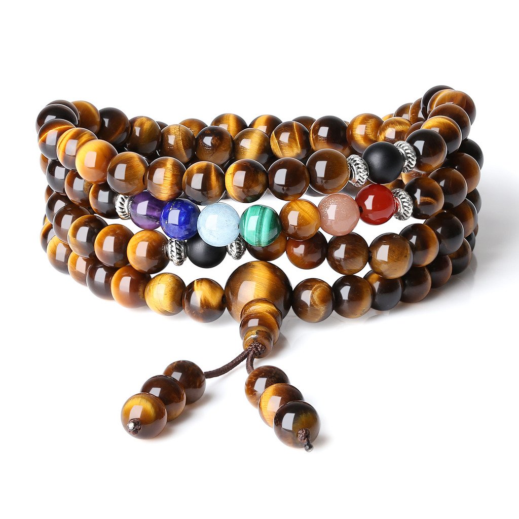 COAI Tiger Eye 7 Chakra 108 Beads Stone Beaded Mala Bracelet Necklace