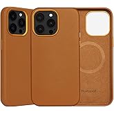 Rumwot Genuine Leather for iPhone 14 Pro Case|Full Grain Leather|Compatible with MagSafe and Wireless Charging|Metal Buttons Camera Bezel|Slim Fit-Drop and Scratch Resistant (Brown)