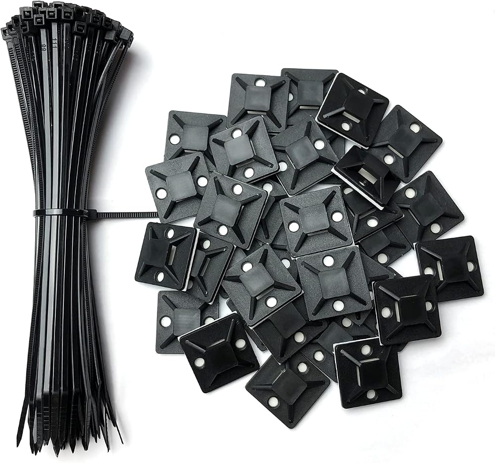 Oksdown Black Cable Ties 100pk & 60 Self Adhesive Mount Clips 150mm Zip Ties