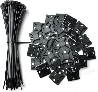 Oksdown Black Cable Ties 100pk & 60 Self Adhesive Mount Clips 150mm Zip Ties
