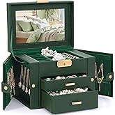 TORIBIO Jewelry Box for Women, Leather Jewelry Organizer with Mirror & Lock, 3-Tier Jewelry Storage Organizer with 2 Drawers for Girls/Women/Mothers, Necklace Earring Bracelets Holder Organizer