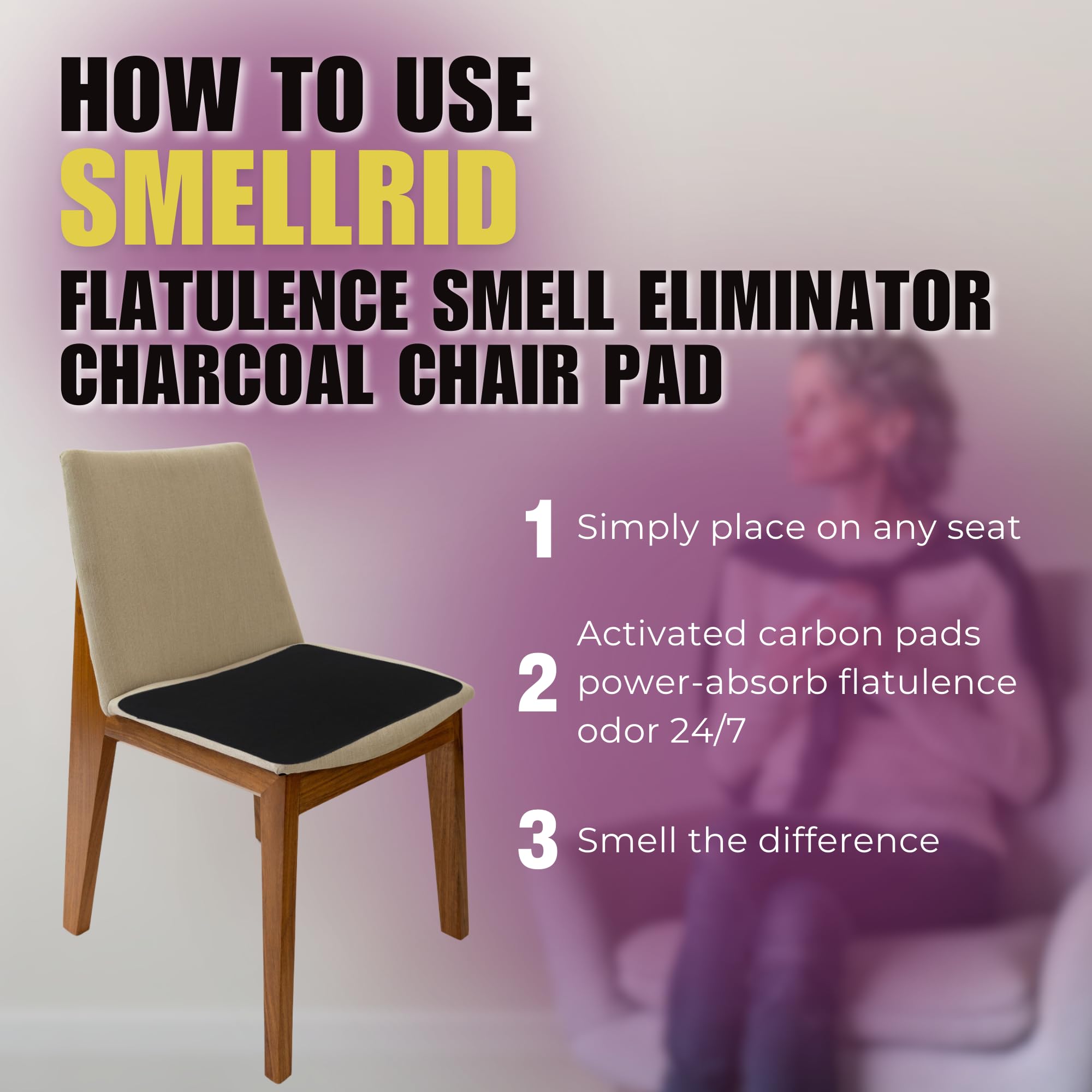 SmellRid Activated Carbon Chair Pad – 16” x 16” Flatulence Deodorizer Seat Cushion – Activated Charcoal Odor Absorber Seat Pad for Office Chair, Home Office Seating, Car Seats & Everyday Odor Control