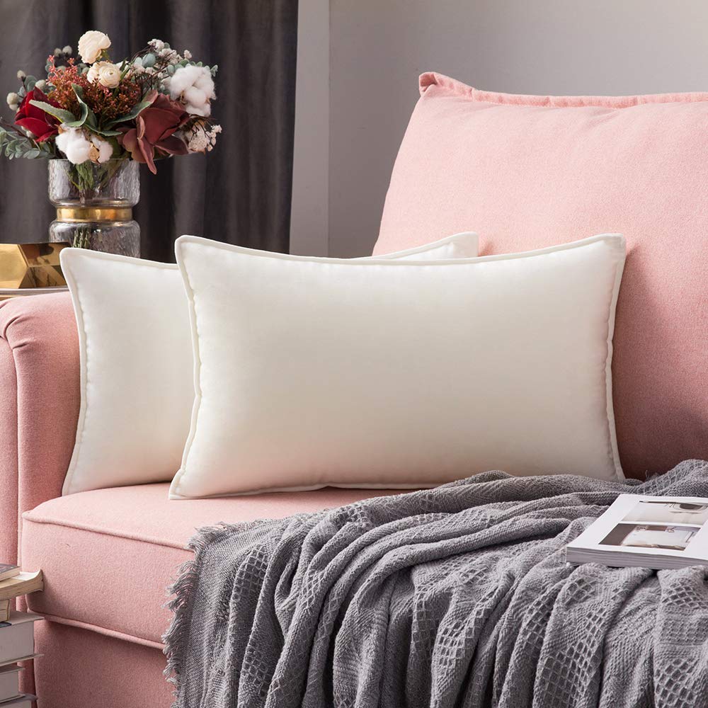 MIULEE Pack of 2 Velvet Soft Decorative Square Throw Pillow Case Flanges Cushion Covers Pillowcases for Livingroom Sofa Bedroom with Invisible Zipper 16x24 inch 40x60 cm Cream
