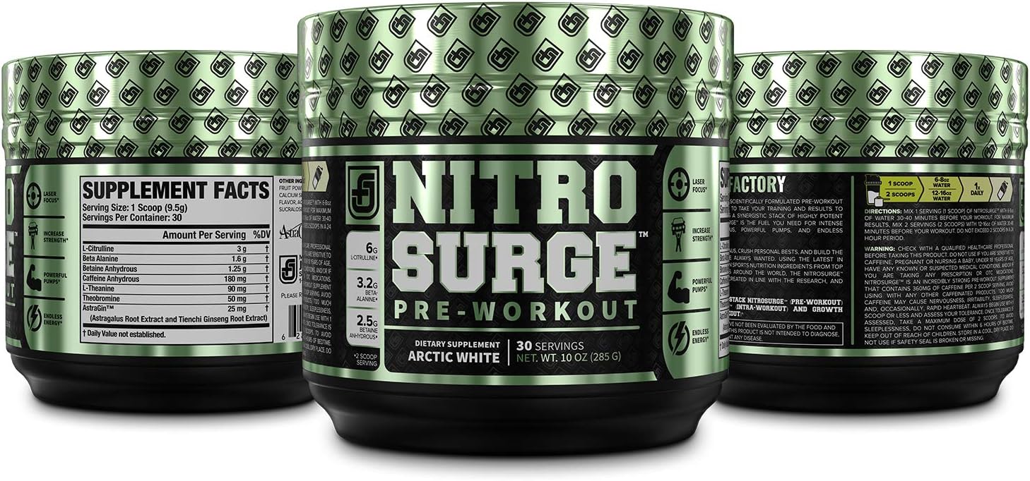 NITROSURGE Pre Workout Supplement - Energy Booster, Instant Strength Gains, Clear Focus, Intense Pumps - Nitric Oxide Booster & Powerful Preworkout Energy Powder - 30 Servings, Arctic White: Health & Personal Care