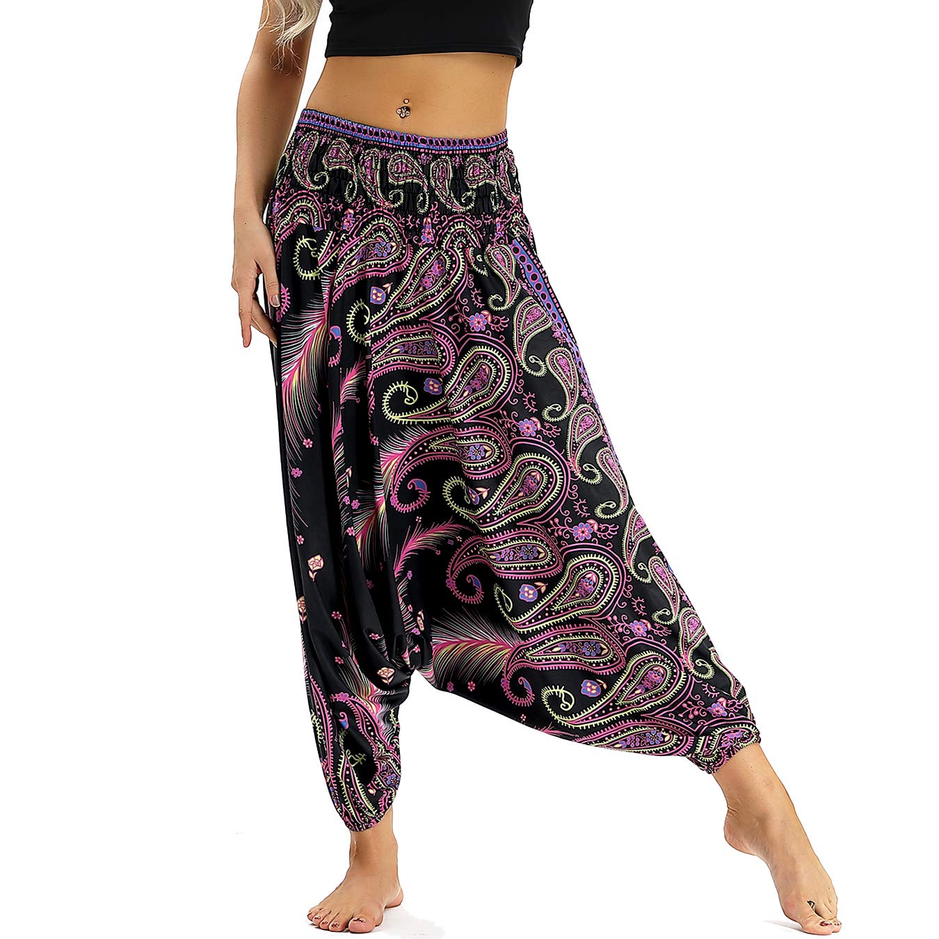 Nuofengkudu Women Baggy Thai Harem Palazzo Trousers Culottes Boho Vintage Patterned High Waist Comfortable Soft Hippie Cropped Pants Pyjama Beach Yoga Purple Peacock B