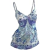 Verdusa Women's Y2k Mesh Tank Top Babydoll Floral Camisole 2000s Clothing Ruffle Going Out Tops