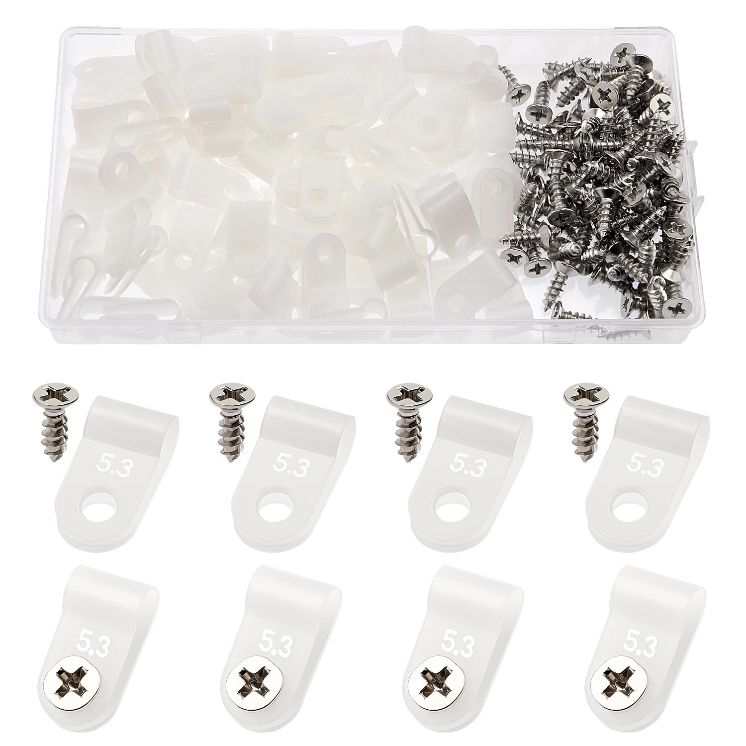 VooGenzek 100 PCS 3/16 Inch R-Type Cable Clip Wire Clamp, Nylon Screw Mounting Cord Fastener Clips with 100 PCS Screws, for Wire Management (White)
