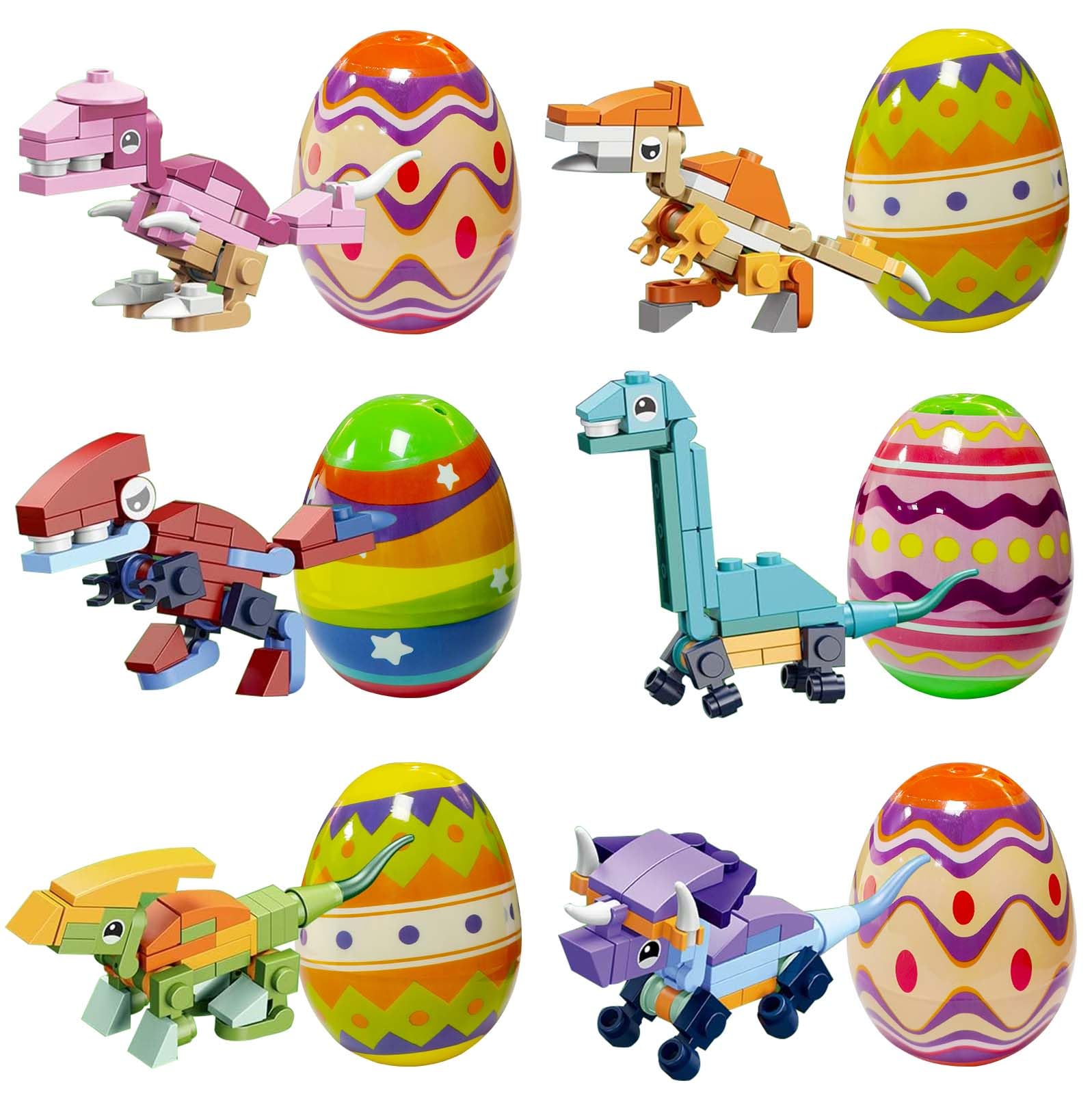 Easter Basket Stuffers Essentials for Teens Kids, Easter Egg Fillers - 6Pcs Prefilled Easter Eggs with Dinosaur Building Blocks Toys for Girls Boys Egg Hunt Prizes, Party Favors, Classroom Gifts