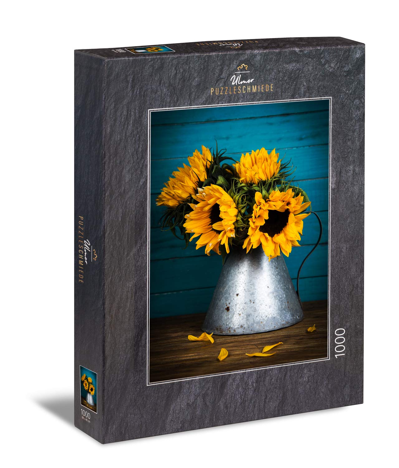 Ulmer Puzzleschmiede - Puzzle "Sunflowers": 1000 pieces jigsaw puzzle - Sunflowers in metal vase against wooden background