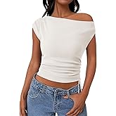 PRETTYGARDEN Womens 2025 Summer Off The Shoulder Crop Cute Tops Sleeveless One Shoulder Ruched Y2K Going Out Tank Top