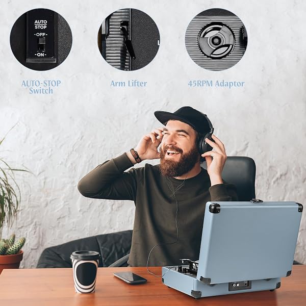 PORTABLE SUITCASE RECORD PLAYER, 3-SPEED BELT-DRIVEN VINYL TURNTABLE WITH BLUETOOTH, BUILT-IN SPEAKERS, RCA LINE OUT, AUX, HEADPHONE JACK, VINTAGE HAZE BLUE