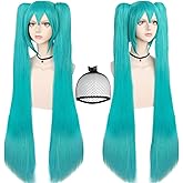 ANOGOL Hair Cap+48inch/120cm Green Wig Cosplay Green Teal wig Double Ponytail Wig, Long Green Lolita Wig For Halloween Costume, Long Green Wig With Bangs Straight wig For Halloween Party Cosplay Wig