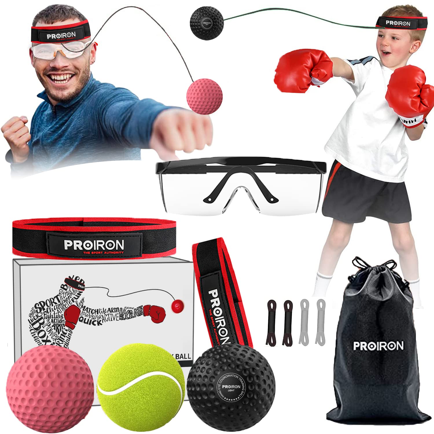 PROIRON Boxing Headband with Safety Glasses, 3 Ball Reflex, 2 Headbands for Adults/Kids, Box Ball for Punch Speed, Hand Eye Coordination Training Equipment Boxing MMA, Gifts for Teenage Boys