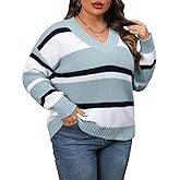 EHSUYAB Womens Plus Size Striped Sweater, V Neck Color Block Ribbed Knit Long Sleeve Pullover Top, Fall Winter Casual Outfits