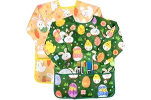 VKTEN 2 Pack Easter Kids Art Smocks, Easter Bunny Chick Painting Apron for Children Easter Painting, Waterproof Artist Painting Aprons Long Sleeve with 3 Pockets for Age 3-8