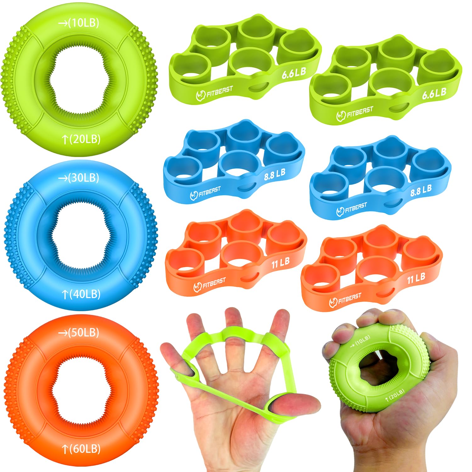 FitBeast Grip Strength Trainer, Finger Exerciser, Forearm Strengthener 9-Piece Kit, Hand Grip Strengthener Targeted Strength, Relief & Recovery (Orange)