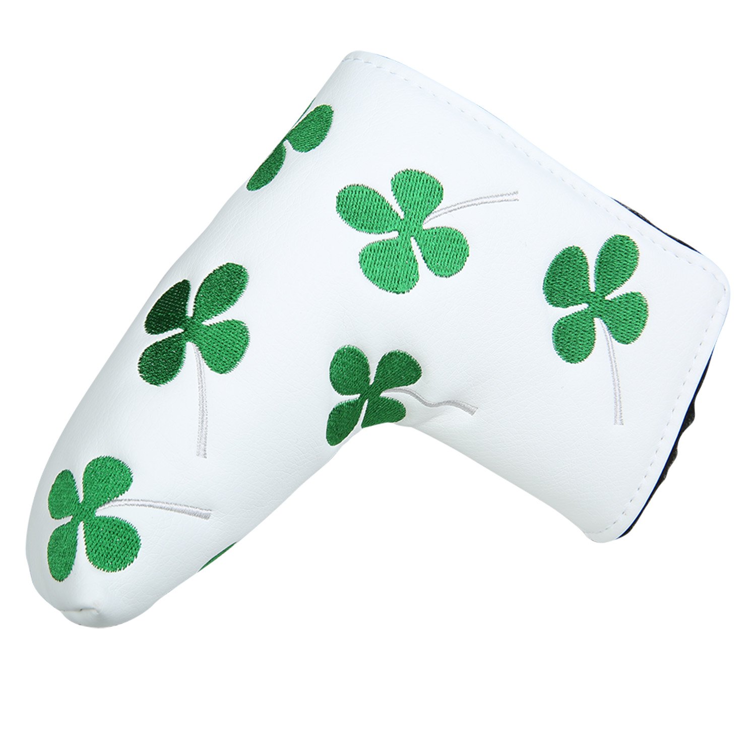 Sword &Shield sports White Green Shamrock Lucky Clover Putter Head Cover Four Leaf Clover Headcover for Scotty Cameron Ping Odyssey Taylormade (White)