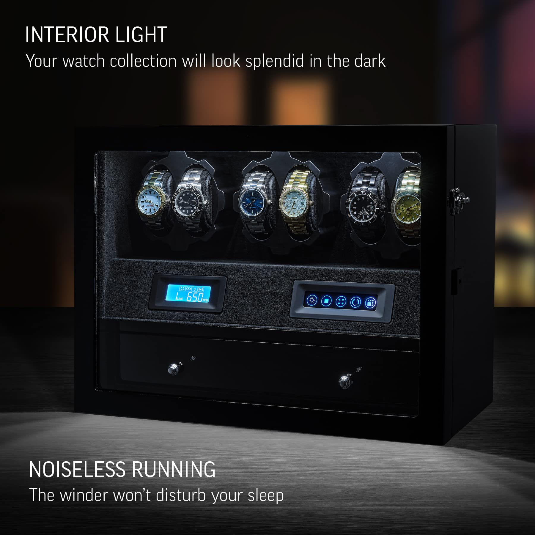 Automatic Watch Winder with 6 Storage Slots, LED Light and Automatic Motor-Stop Option
