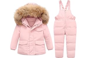 YUEMION Toddler Girl Snowsuit 2Pcs Kids Down Jacket Winter Hooded Coat +Snow Bib Pants Kids Windproof Skiing Suit (2T/6T)