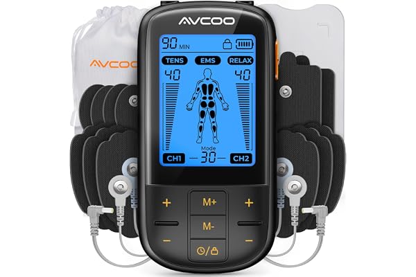 AVCOO 3-in-1 TENS Machine with 30 Modes, 40 Intensities EMS Muscle Stimulator for Gradual Back Pain Relief Therapy, Rechargea