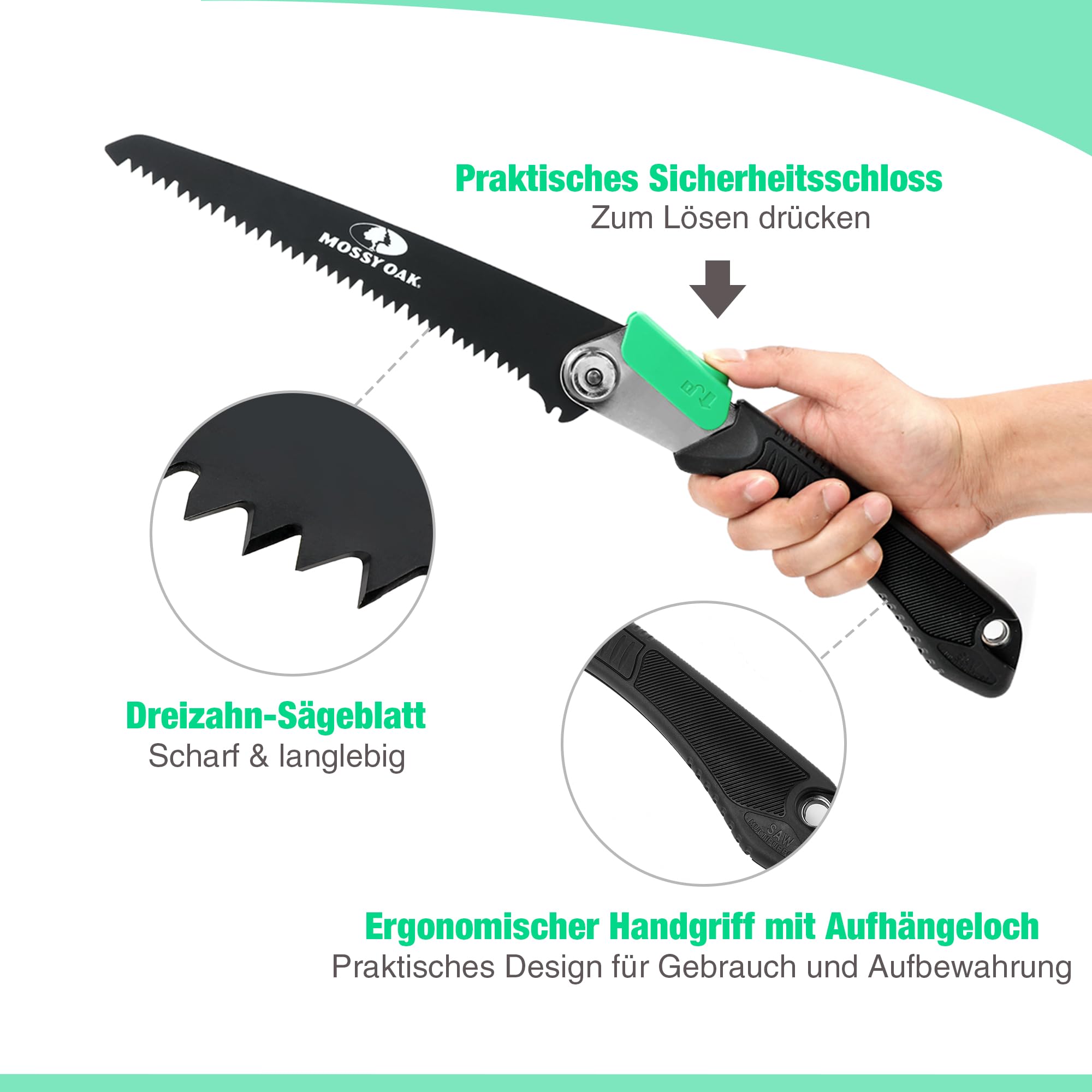 Mossy Oak 3-in-1 Folding Hand Saw Pruning Saw Includes 3 Sharp Blades Made of CR-V, Multifunctional Folding Saw for Garden, Glass, Tiles, Wood, Metal, Plastic
