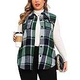 CYCLAMEN Plus Size Women's Flannel Plaid Long Vest Button Down Sleeveless Jacket Shacket