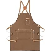 Chef Apron for Men Women with Gift Box Pack, Cross Back Apron with Pockets for Kitchen Cooking Baking Artist Painting, Cotton Canvas Work Aprons for Shop, Garden, Restaurant, Cafe (Brown, M to XXL)