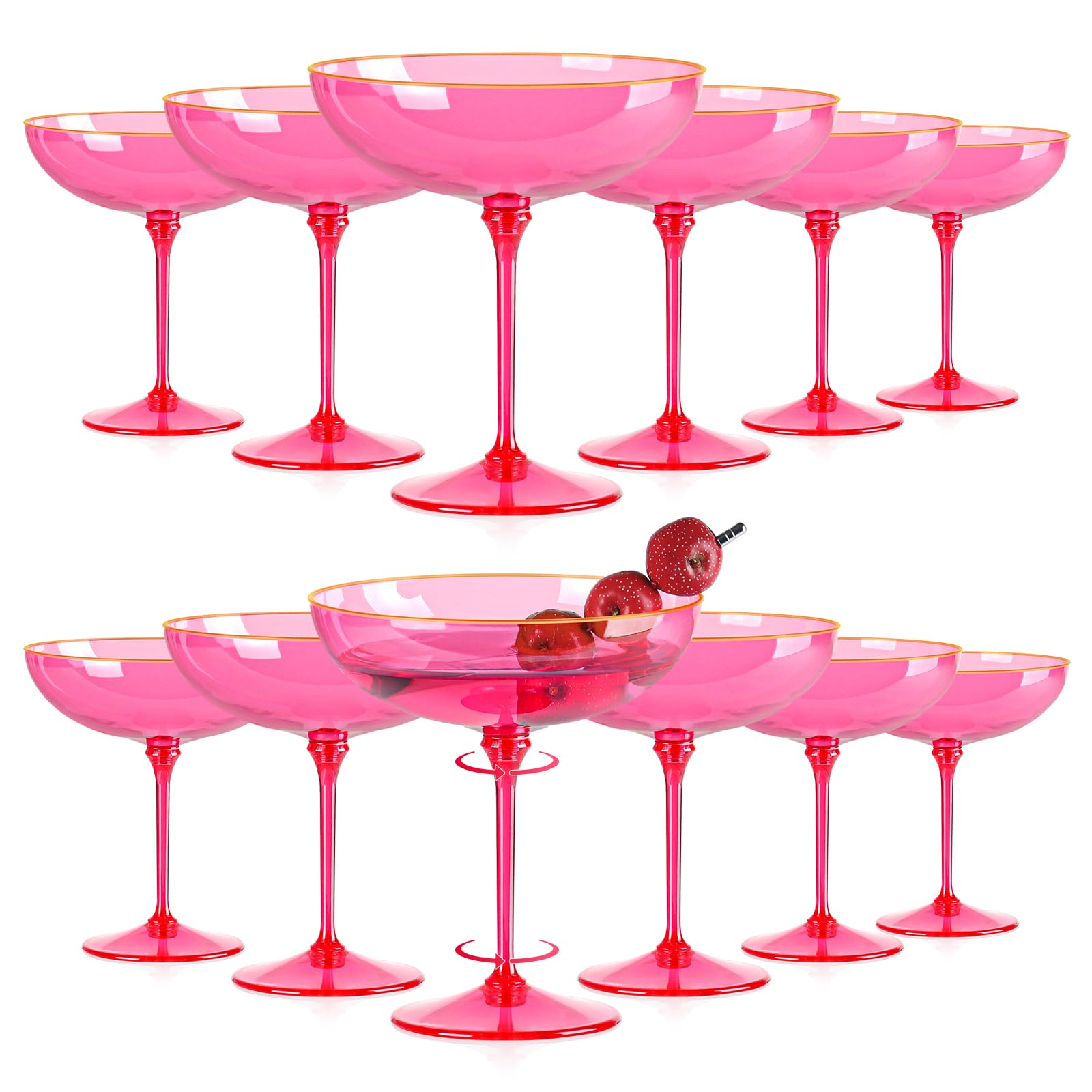 Photo 1 of 12 PCS Plastic Coupe Glasses 9 oz Hot Pink Detachable Gold Rim Martini Glass Espresso Champagne Cocktail Cups Disposable Vintage Margarita Glassware for Valentine's Day Wedding Bridal Shower Party