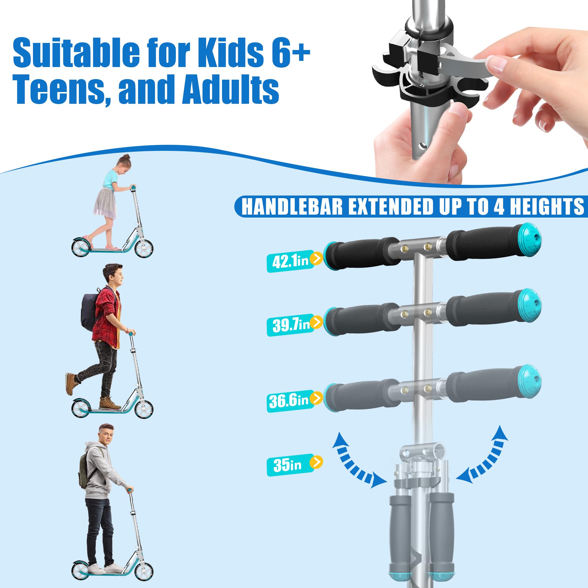 Scooter for Kids 6-12 & Adults | Holds Up to 240lbs, Foldable, Lightweight Aluminum Frame | Adjustable Height | Smooth Ride on Any Terrain
