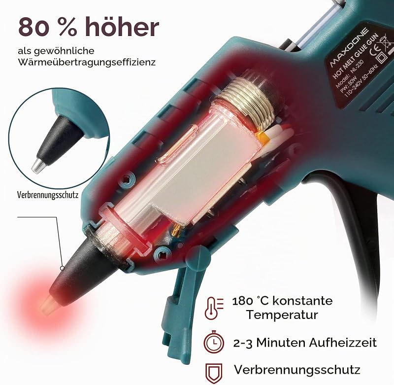 Feuerfest 50W Heißklebepistole mit 7mm Heißklebesticks, Klebepistole Heissklebepistole für DIY Kleine Handwerk schnelle Reparaturen in Haus & Büro - MAXDONE 50W Klebepistolen 80 Klebesticks