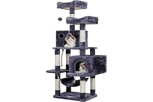 Hey-brother Multi-Level Cat Tree Condo Furniture with Sisal-Covered Scratching Posts, 2 Plush Condos, Perch Hammock for Kittens, Cats and Pets, Smoky Gray MPJ020-SG