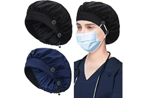 ABAMERICA 2 Pack Bouffant Caps with Button and Sweatband, Adjustable Scrub Caps for Women Men, Single Satin Layer