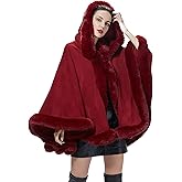 SUFCOMOU Poncho Hooded Shawl Wrap Women Cape Winter Faux Fur Trim Coat Sleeveless Cardigan Dressy Cloak for Party