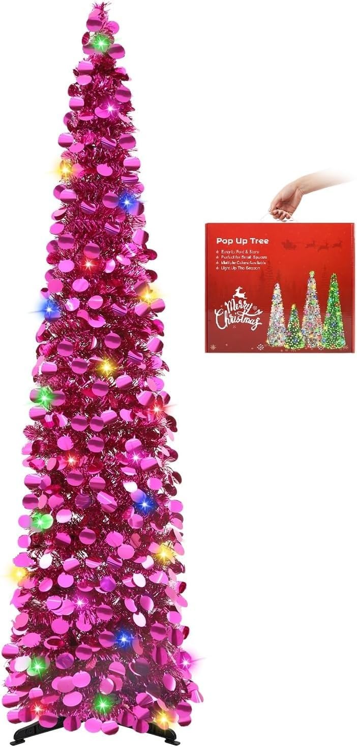 N&T NIETING Christmas Tree, 5ft Collapsible Pop Up Christmas Trees Fuchsia Tinsel Coastal Christmas Tree for Holiday Xmas Decorations, Home Display, Office Decor