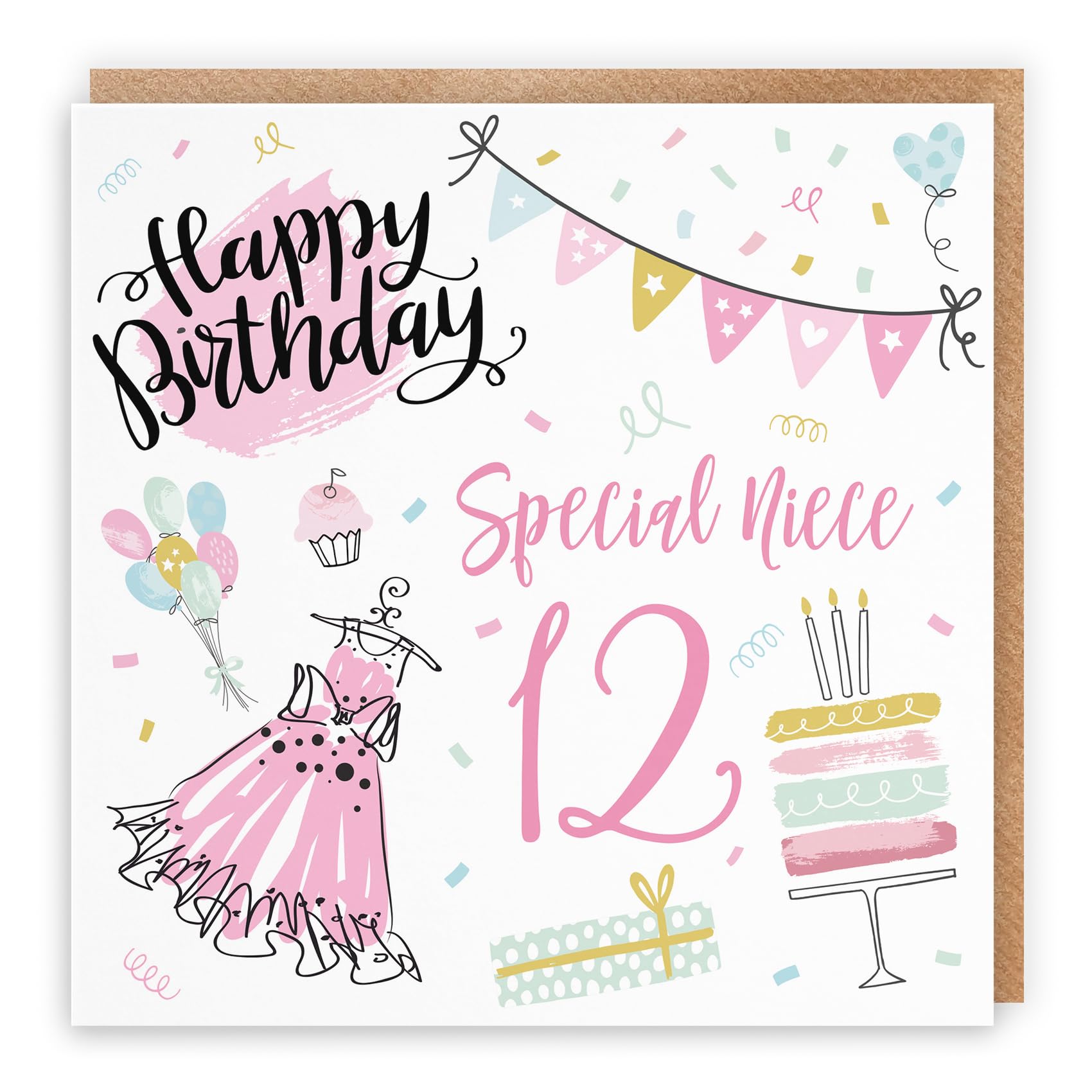 Hunts England - Large Niece 12th Birthday Card - Happy Birthday - Special Niece - 12 - Party Collection - Large - 210 x 210 mm - Fun Pretty Card - Age 12