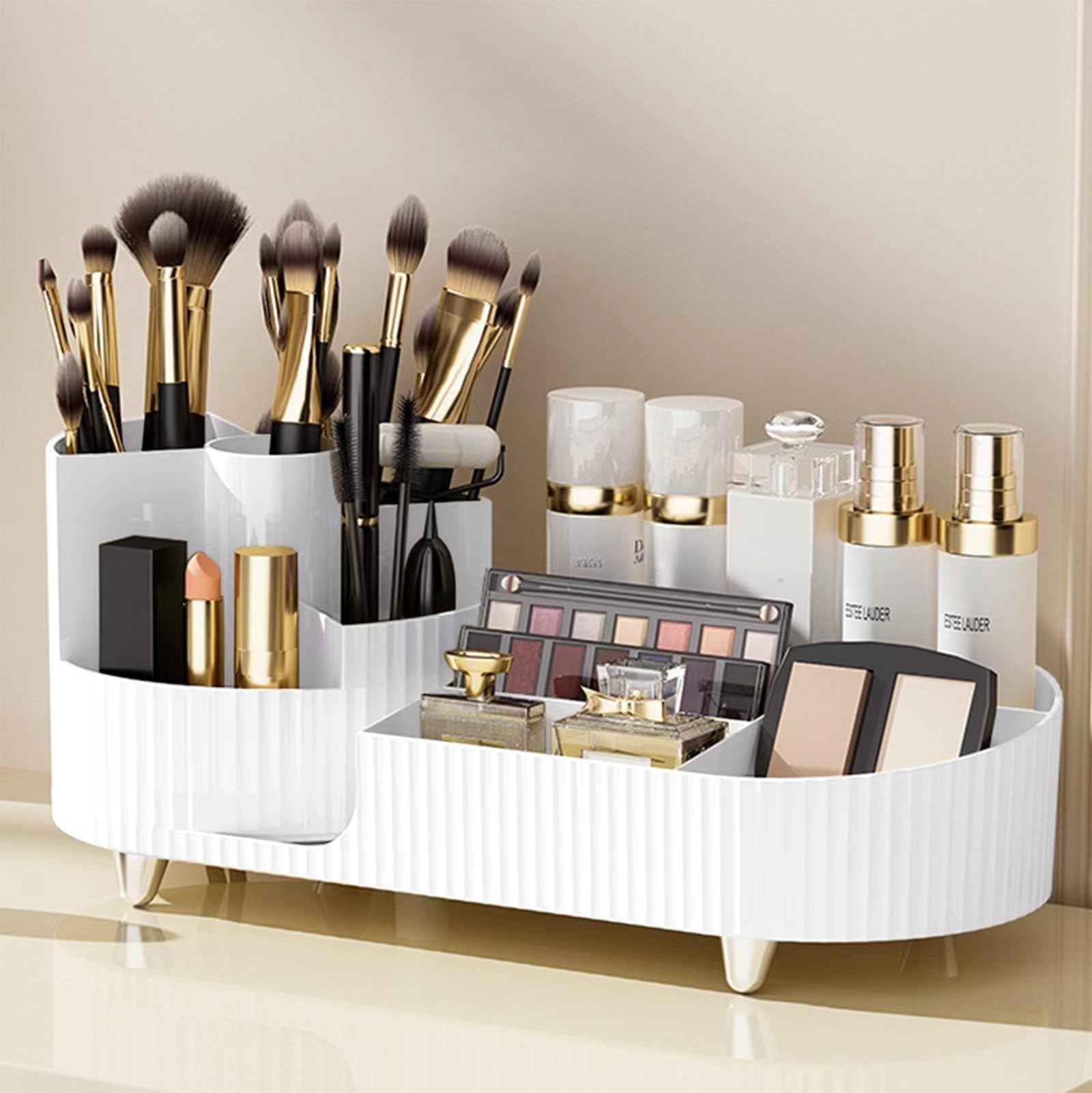 Photo 1 of Rotating makeup organizer,Large Capacity Cosmetic Display Case, easy to hold all of your makeup products, at least 20 makeup brushes/eyeliner,10 lipsticks,8 skincare products(White)