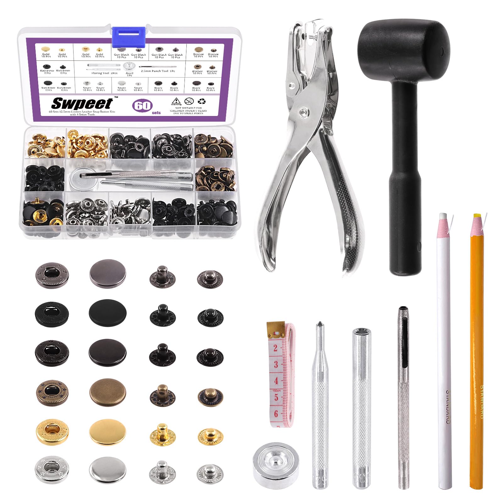 Swpeet 60 Sets Leather Snap Fasteners and Hole Punch Pliers with 4Pcs Fixing Tools Assortment Kit, Metal Snaps Press Studs for Clothes, Jackets, Jeans