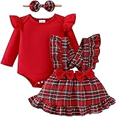 FOCICI My First Christmas Baby Girl Outfits Infant Clothes Suspender Skirt + Ruffled Romper Dress + Bow Headband 0-24 Months