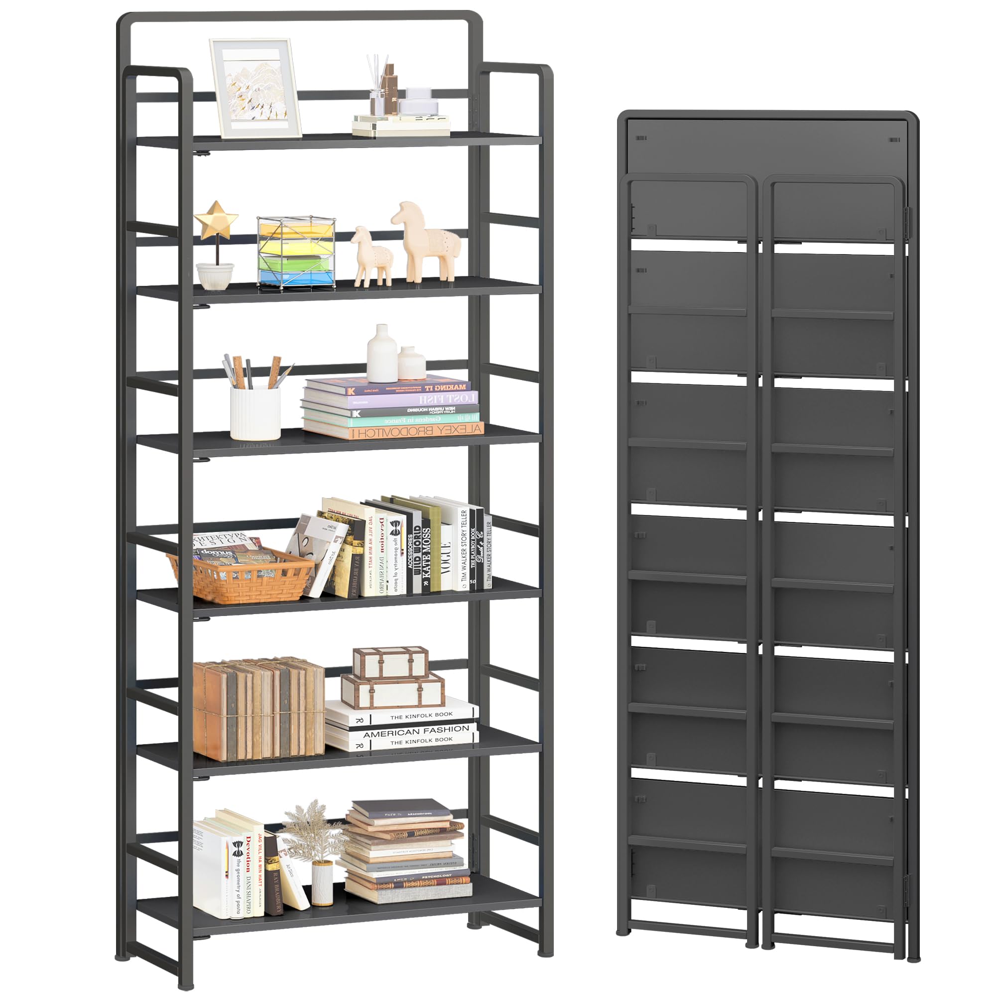 Photo 1 of **bottom feet are bent** 4NM No-Assembly 6 Tiers Folding Bookshelf Storage Shelves Vintage Bookcase Standing Racks Study Organizer Home Office (All Black)