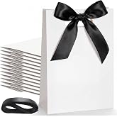 Aliceset 12 Pcs Bridesmaid Gift Bags with Handle Ribbon, White, Black | 10x7x3.15 in Size, Die Cut Handles for Easy Carry, Bridal Shower Welcome Wedding Gift Bag, Baby Shower Birthday Party Favor