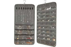 Hanging Jewelry Organizer: Necklace & Earring Holder with Pockets for Closet, Wall or Door (Grey)