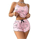 Verdusa Women's 2 Piece Pajama Sets Bow Knot Printed Crop Cami Top and Shorts