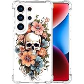 ENDIY for Samsung Galaxy S26 Ultra Case - Clear Skull & Flowers | Cute Transparent Phone Cases for Women with Design, Girls Girly with Heavy Duty Protective Bumper