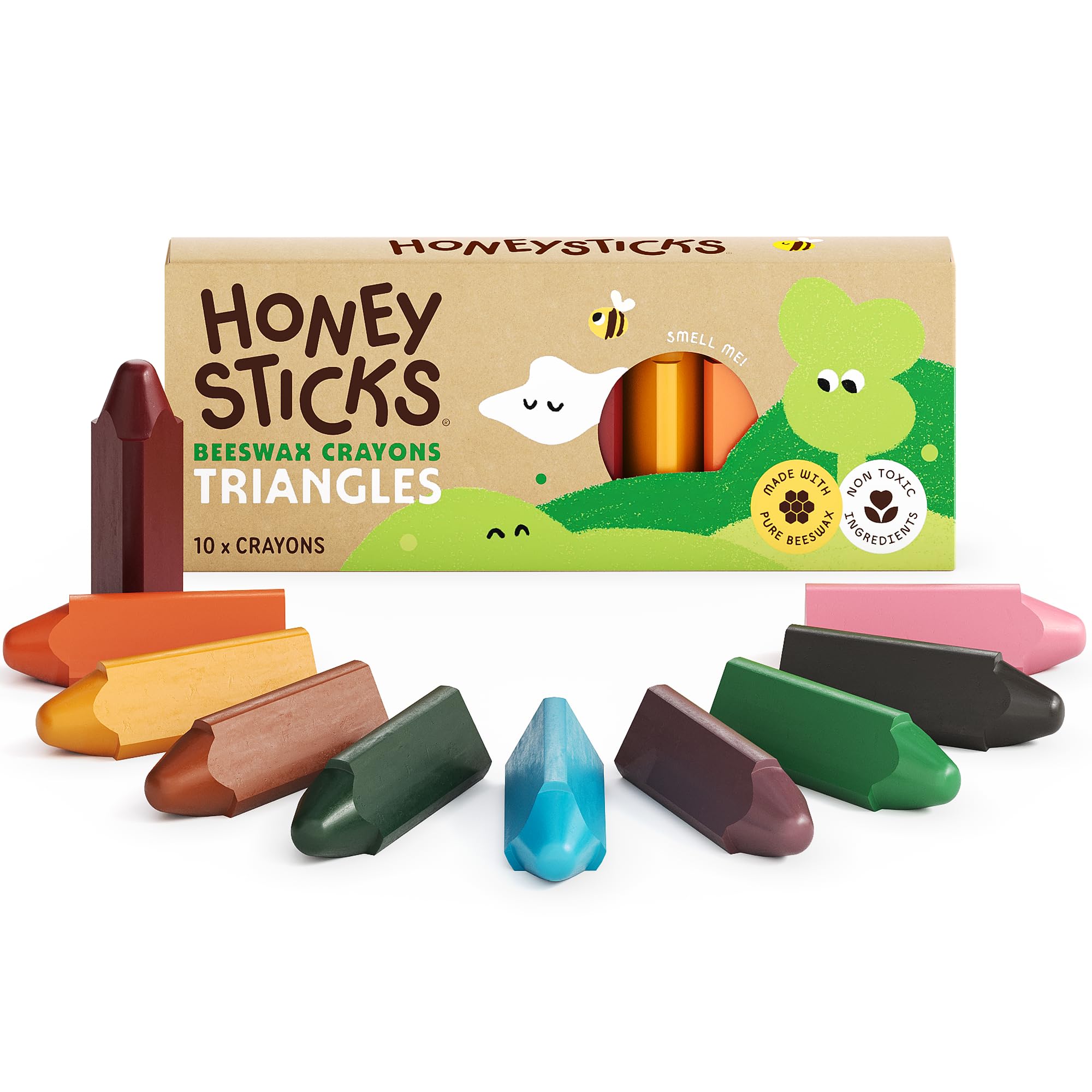 Honeysticks Triangular Crayons (10 Pack) - 100% Pure Beeswax, Food Grade Colors, Non Toxic Crayons for Baby, Toddlers ages 1-3, 2-4, Easy Grip Triangle Shape, Durable, Sustainably Made in New Zealand