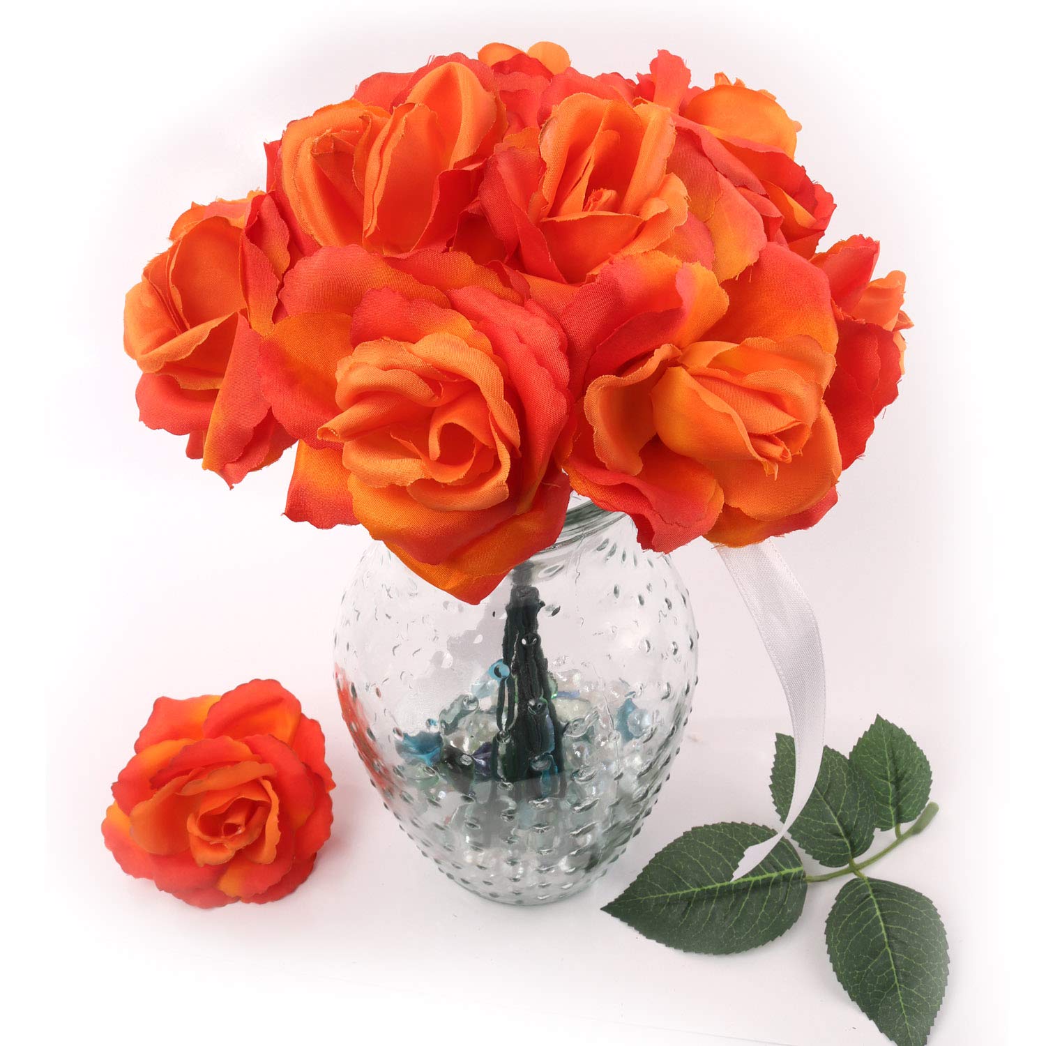 Larksilk Artificial Flowers Orange Rose Picks for Wedding Decorations, Bouquets, Table Centerpieces, DIY Projects - 50pcs Silk Roses with Flexible 8" Stems