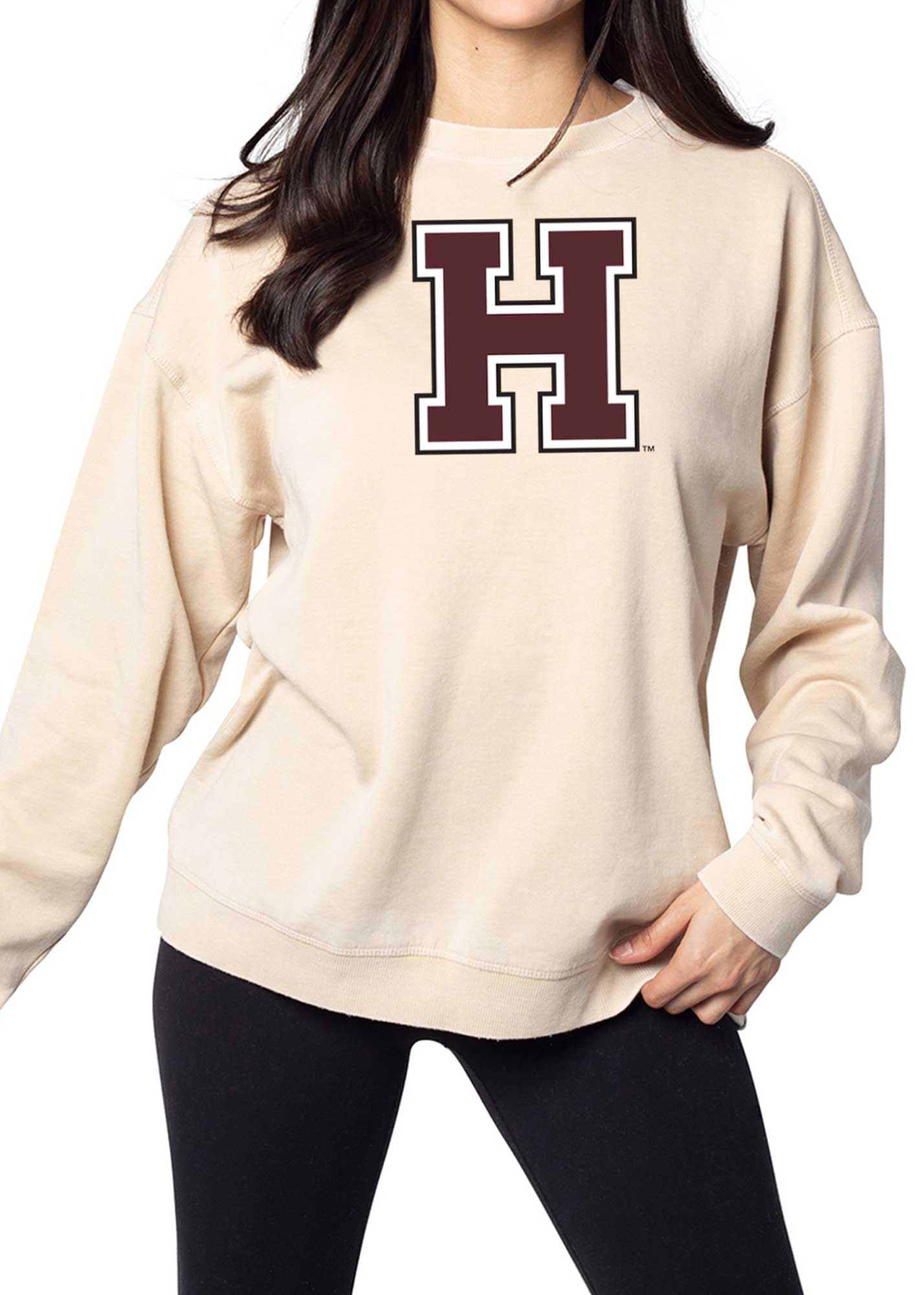 chicka-d Women's Oversized Dropped Shoulder Crewneck Fleece Sweatshirt NCAA Primary Team Icon Neutral, Harvard Crimson, Oatmeal, Medium Image